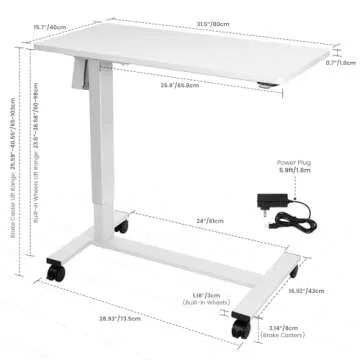 TOPSKY Electric Height Adjustable Overbed Bedside Table with Wheels for Home Office Use (White + White Frame)