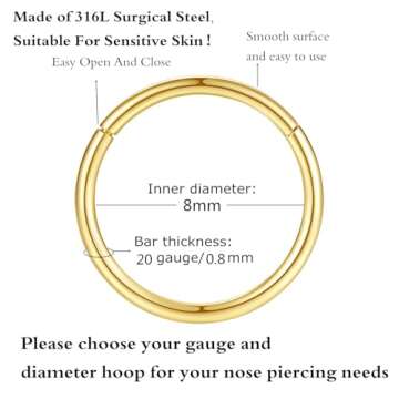 Elegant 8mm Gold Septum Nose Rings - 20 Gauge Surgery Steel Jewelry for Cartilage & More!