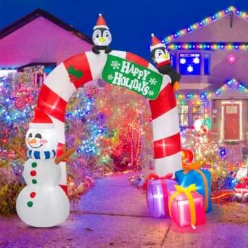 Christmas Inflatable Archway with Bright LED Lights, 8 FT Christmas Decorations Outdoor Yard, Fun Snowman Penguin Gift Box Christmas Blow Up Yard Decorations Large Patio Decorations Garden Props
