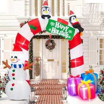 Christmas Inflatable Archway with Bright LED Lights, 8 FT Christmas Decorations Outdoor Yard, Fun Snowman Penguin Gift Box Christmas Blow Up Yard Decorations Large Patio Decorations Garden Props