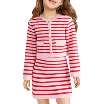 Haloumoning Girls Fall 2 Piece Outfits Striped Button Down Cardigan and Skirt Sets with Pockets 5-14...