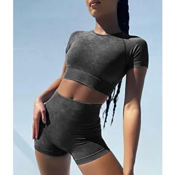 OLCHEE Womens Workout Sets 2 Piece - Seamless Acid Wash Yoga Outfits Leggings Shorts and Crop Top Matching Gym Activewear Athletic Clothing Set - Black X-Small