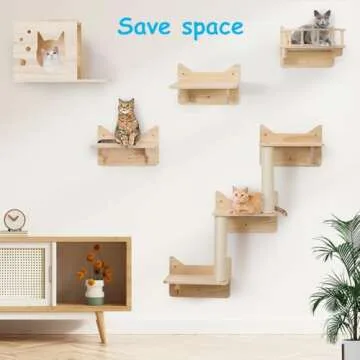 MIUZMORE 9-Piece Wall-Mounted Cat Shelves Set, Cat House, Lookout Tower, 2 Sisal Scratching Posts, 5-Step Cat Wall Ladder, Pine Furniture, Extra-Wide & Long for Large Cats, Space-Saving Indoor Shelves