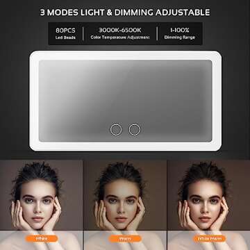 Car Sun Visor Vanity Mirror,Big Led Car Mirror with 3 Light Modes & 80 LEDs,Rechargeable Car Makeup Mirror - Dimmable Touch Control,Car Light Up Mirror Universal for Car Truck SUV (White)