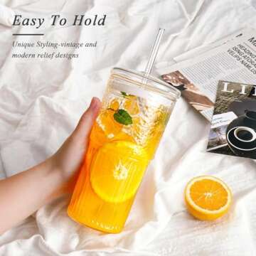 DWTS DANWEITESI Glass Cups with Lids and Straws 4 Pcs,20oz Glasses Drinking Set Vintage Textured Cle...