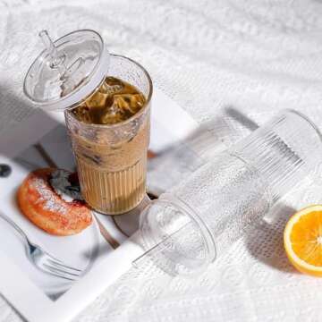 DWTS DANWEITESI Glass Cups with Lids and Straws 4 Pcs,20oz Glasses Drinking Set Vintage Textured Clear Iced Coffee Cups with Lids,Reusable Glass Tumbler with Straw and Lid for Coffee Bar Accessories