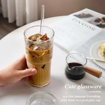 DWTS DANWEITESI Glass Cups with Lids and Straws 4 Pcs,20oz Glasses Drinking Set Vintage Textured Clear Iced Coffee Cups with Lids,Reusable Glass Tumbler with Straw and Lid for Coffee Bar Accessories