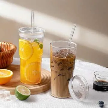 DWTS DANWEITESI Glass Cups with Lids and Straws 4 Pcs,20oz Glasses Drinking Set Vintage Textured Clear Iced Coffee Cups with Lids,Reusable Glass Tumbler with Straw and Lid for Coffee Bar Accessories