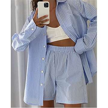 Tsnbre Women's 2 Piece Outfit Stripe Oversized Long Sleeve Shirt Button Tops Shorts Set Casual Loose Tracksuit Pajamas Loungewear