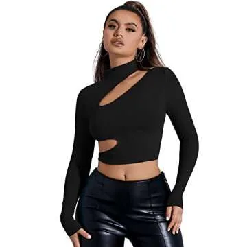 Verdusa Women's Cutout Slim Fitted Mock Neck T Shirt Long Sleeve Crop Tee Top Black S