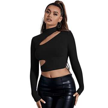 Verdusa Women's Cutout Slim Fitted Mock Neck T Shirt Long Sleeve Crop Tee Top Black S