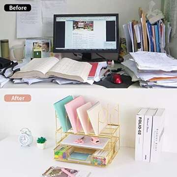 Youbetia Desk Organizers and Accessories - Double Tray and 5 Upright Sections, Office File & Supplie...