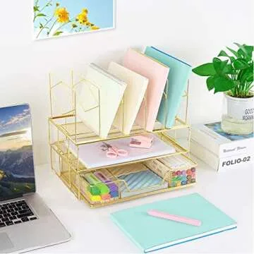 Youbetia Desk Organizers and Accessories - Double Tray and 5 Upright Sections, Office File & Supplies Organizer with Drawer, Binder Clips, Gold