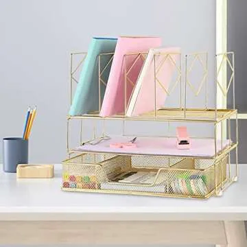 Youbetia Desk Organizers and Accessories - Double Tray and 5 Upright Sections, Office File & Supplies Organizer with Drawer, Binder Clips, Gold