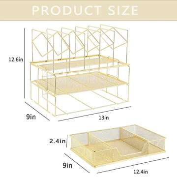 Youbetia Desk Organizers and Accessories - Double Tray and 5 Upright Sections, Office File & Supplies Organizer with Drawer, Binder Clips, Gold