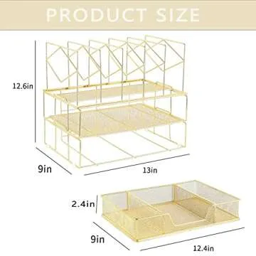 Youbetia Desk Organizers and Accessories - Double Tray and 5 Upright Sections, Office File & Supplies Organizer with Drawer, Binder Clips, Gold