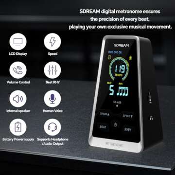 SDREAM Digital Metronome for Piano,Guitar,Violin,Rechargeable LCD Electronic Metronome with Human Vo...