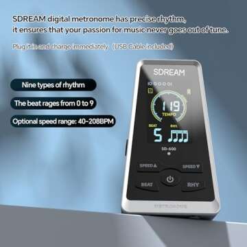 SDREAM Digital Metronome for Piano,Guitar,Violin,Rechargeable LCD Electronic Metronome with Human Voice,Universal Metronome for Musicians,Instrument Volume & Beat Speed Adjustable
