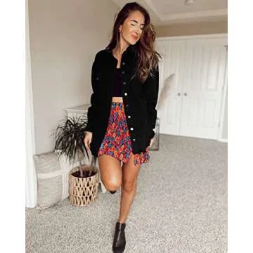 Vetinee Women's Western Jackets for Women Oversized Boyfriend Black Front Button Up Frayed Raw Hem Long Sleeve Pockets Denim Jean Jacket Shacket X-Small Size 0 Size 2