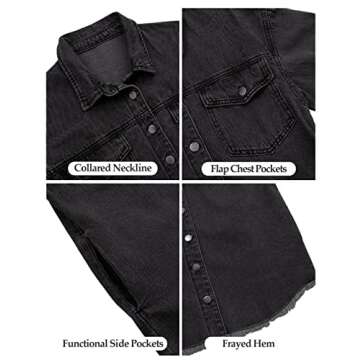 Vetinee Women's Western Jackets for Women Oversized Boyfriend Black Front Button Up Frayed Raw Hem Long Sleeve Pockets Denim Jean Jacket Shacket X-Small Size 0 Size 2