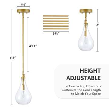 VONLUCE Gold Pendant Lighting for Kitchen Island, Mid-Century Modern Pendant Light with Bubble Glass Shade, Glass Hanging Pendant Light for Bedroom, Dining Room, Entryway, Sink, Restaurant Bar
