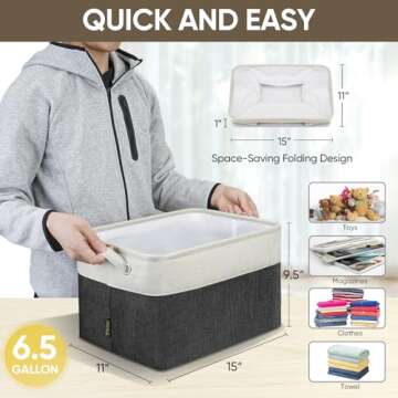 BALEINE Fabric Storage Bins for Shelves, Linen Storage Baskets for Organizing, Decorative Closet Storage Bins for Clothes, Toys, Home Storage (Black, 4 Pack)