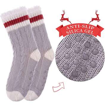 SDBING Women's Winter Super Soft Warm Cozy Fleece Lined Fuzzy Slipper Socks with Grippers (Gray/Stri...