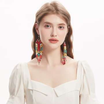 Luluping Long Beaded Dangle Earrings – Boho Native Handmade Seed Bead Tassel Earrings for Women, B...