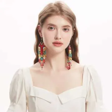 Luluping Long Beaded Dangle Earrings – Boho Native Handmade Seed Bead Tassel Earrings for Women, B...