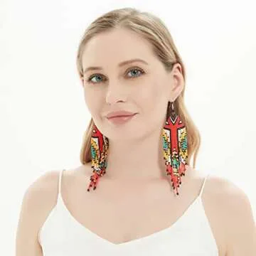 Luluping Long Beaded Dangle Earrings – Boho Native Handmade Seed Bead Tassel Earrings for Women, Bohemian Large Statement Beaded Drop Fringe Earrings (Multicolor Beaded Earrings)