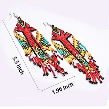 Luluping Long Beaded Dangle Earrings – Boho Native Handmade Seed Bead Tassel Earrings for Women, Bohemian Large Statement Beaded Drop Fringe Earrings (Multicolor Beaded Earrings)