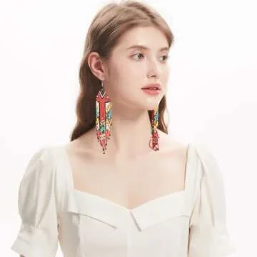 Luluping Long Beaded Dangle Earrings – Boho Native Handmade Seed Bead Tassel Earrings for Women, Bohemian Large Statement Beaded Drop Fringe Earrings (Multicolor Beaded Earrings)