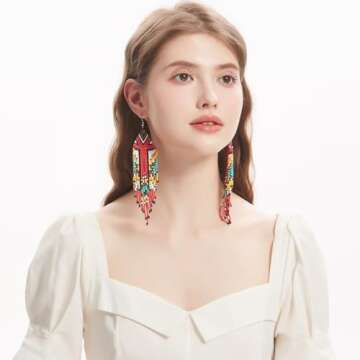 Luluping Long Beaded Dangle Earrings – Boho Native Handmade Seed Bead Tassel Earrings for Women, Bohemian Large Statement Beaded Drop Fringe Earrings (Multicolor Beaded Earrings)