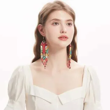 Luluping Long Beaded Dangle Earrings – Boho Native Handmade Seed Bead Tassel Earrings for Women, Bohemian Large Statement Beaded Drop Fringe Earrings (Multicolor Beaded Earrings)