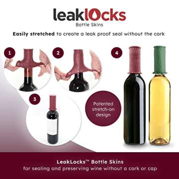 LeakLocks Wine Skins: Bottle Stopper Set Wine Stoppers, Sealer & Cork Replacement Cap for Wine, Preserve & Savor Your Drink, Reusable, Stretch-On & Leak-Proof Seal, Ideal Wine Lover’s Gift 4 Pack