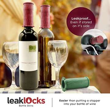 LeakLocks Wine Skins: Bottle Stopper Set Wine Stoppers, Sealer & Cork Replacement Cap for Wine, Preserve & Savor Your Drink, Reusable, Stretch-On & Leak-Proof Seal, Ideal Wine Lover’s Gift 4 Pack
