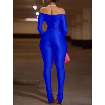 Sexy 2 Piece Outfits for Women Off Shoulder Long Sleeve Top Bodycon Pant Set Night Out Clubwears Blu...