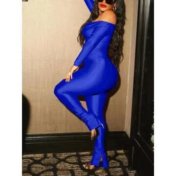 Sexy 2 Piece Outfits for Women Off Shoulder Long Sleeve Top Bodycon Pant Set Night Out Clubwears Blue 2XL