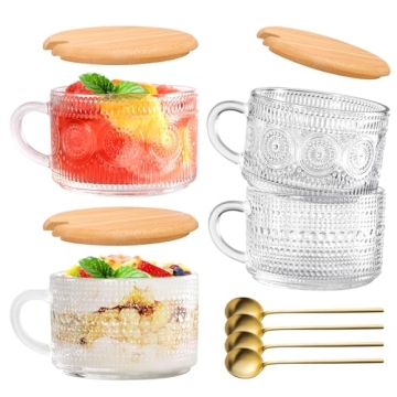 Vintage Glass Coffee Mugs 4 Pack, Gifts for Women，14 oz Glass Coffee Tea Cups with Lid and Golden ...