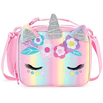 mibasies Unicorn Lunch Bag Kids Insulated Lunch Box for Girls with Water Bottle Holder and Shoulder ...