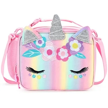 mibasies Unicorn Lunch Bag Kids Insulated Lunch Box for Girls with Water Bottle Holder and Shoulder ...