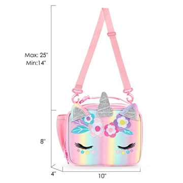 mibasies Unicorn Lunch Bag Kids Insulated Lunch Box for Girls with Water Bottle Holder and Shoulder Strap (Pink Blue Rainbow)
