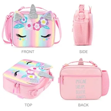 mibasies Unicorn Lunch Bag Kids Insulated Lunch Box for Girls with Water Bottle Holder and Shoulder Strap (Pink Blue Rainbow)