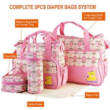 5PCS Diaper Bag Tote Set - Baby Bags for Mom (Pink)