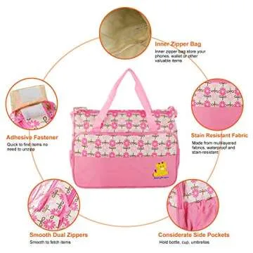 5PCS Diaper Bag Tote Set - Baby Bags for Mom (Pink)