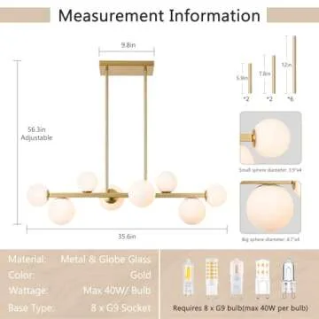 Jonsi Dining Room Light Fixture Over Table, Mid Century Chandeliers, Modern 8 Lights Globe Glass Lin...