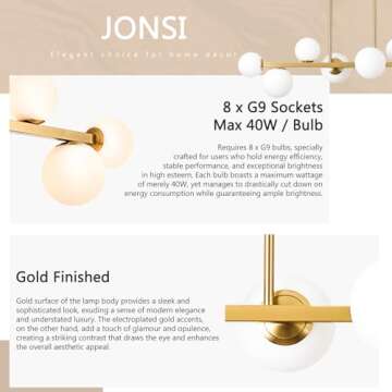 Jonsi Dining Room Light Fixture Over Table, Mid Century Chandeliers, Modern 8 Lights Globe Glass Linear Chandelier Adjustable Ceiling Hanging for Living Dining Room Kitchen Island, Gold