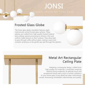 Jonsi Dining Room Light Fixture Over Table, Mid Century Chandeliers, Modern 8 Lights Globe Glass Linear Chandelier Adjustable Ceiling Hanging for Living Dining Room Kitchen Island, Gold