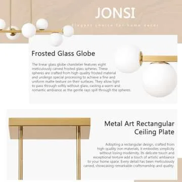 Jonsi Dining Room Light Fixture Over Table, Mid Century Chandeliers, Modern 8 Lights Globe Glass Linear Chandelier Adjustable Ceiling Hanging for Living Dining Room Kitchen Island, Gold