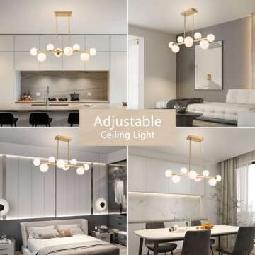 Jonsi Dining Room Light Fixture Over Table, Mid Century Chandeliers, Modern 8 Lights Globe Glass Linear Chandelier Adjustable Ceiling Hanging for Living Dining Room Kitchen Island, Gold